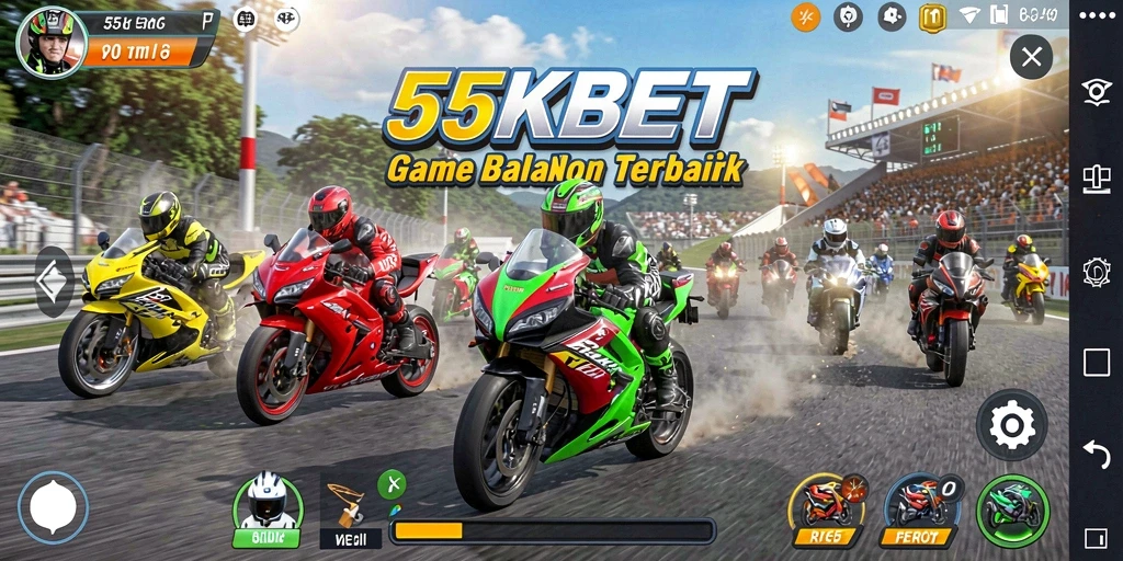 Tampilan gameplay 55KBET yang mendebarkan dengan lintasan balapan motor.
