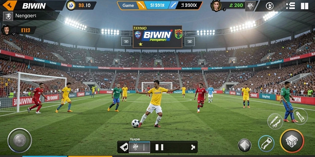 Screenshot gameplay BIWIN menampilkan aksi seru di lapangan sepak bola.