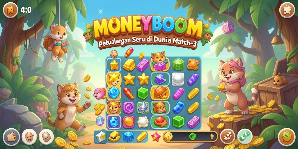 Screenshot gameplay MONEYBOOM menunjukkan keseruan mencocokkan objek Match-3.