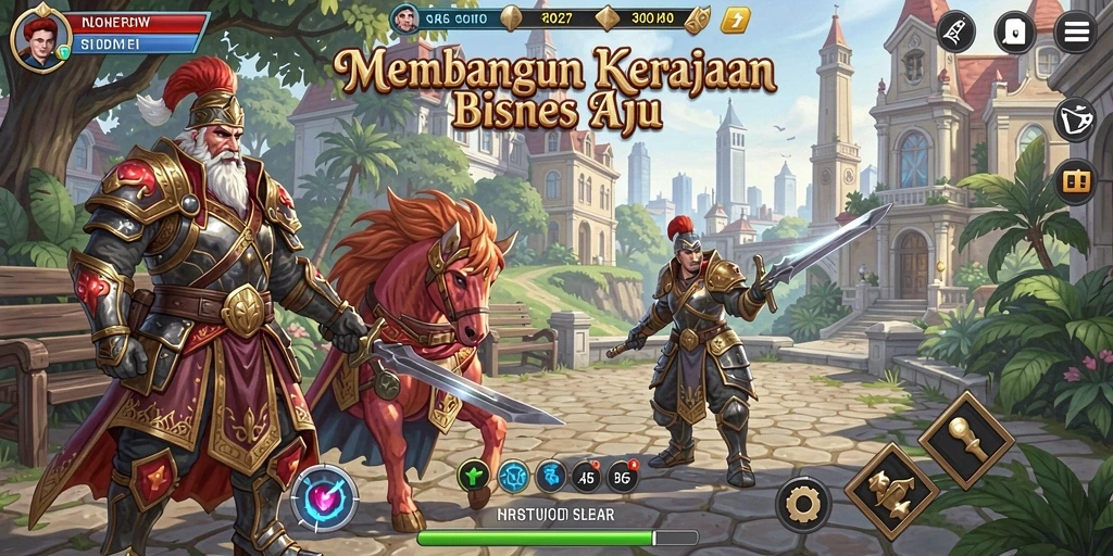 Screenshot gameplay N06 yang menampilkan pembangunan kerajaan bisnis.