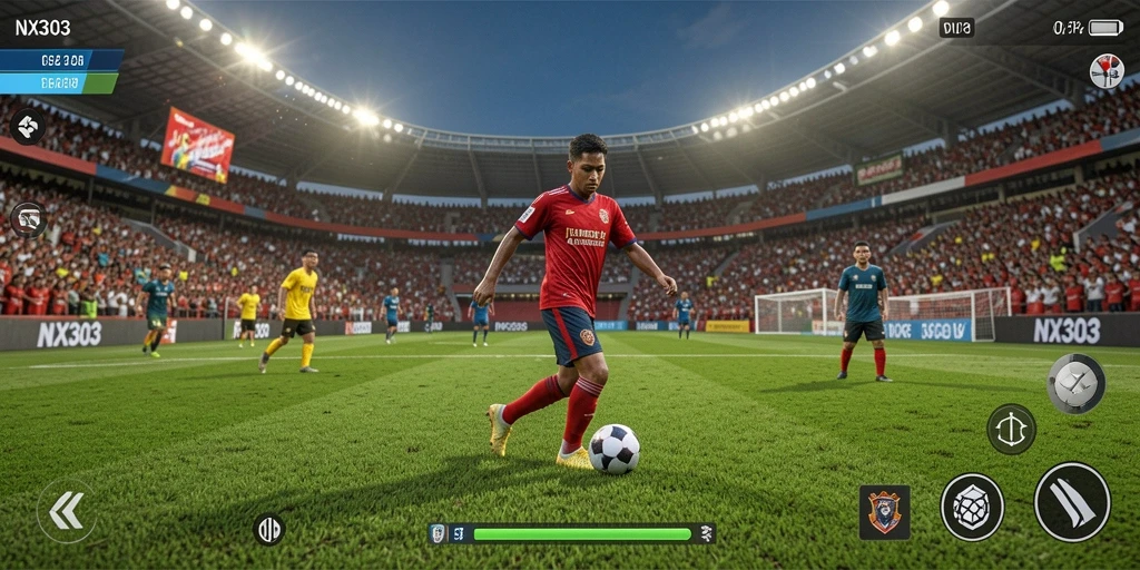 Gameplay NX303 yang mendebarkan dengan aksi sepak bola intens.