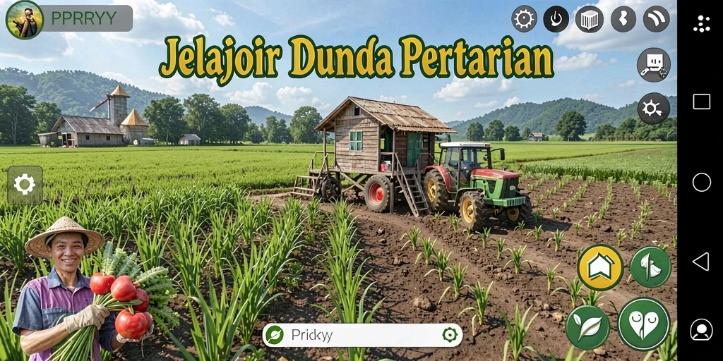 Tangkapan layar utama PPRRYY menampilkan aktivitas bertani yang seru.