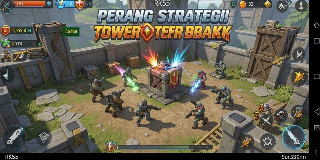Screenshot gameplay RK55 yang menunjukkan menara berdiri kokoh menghentikan musuh.