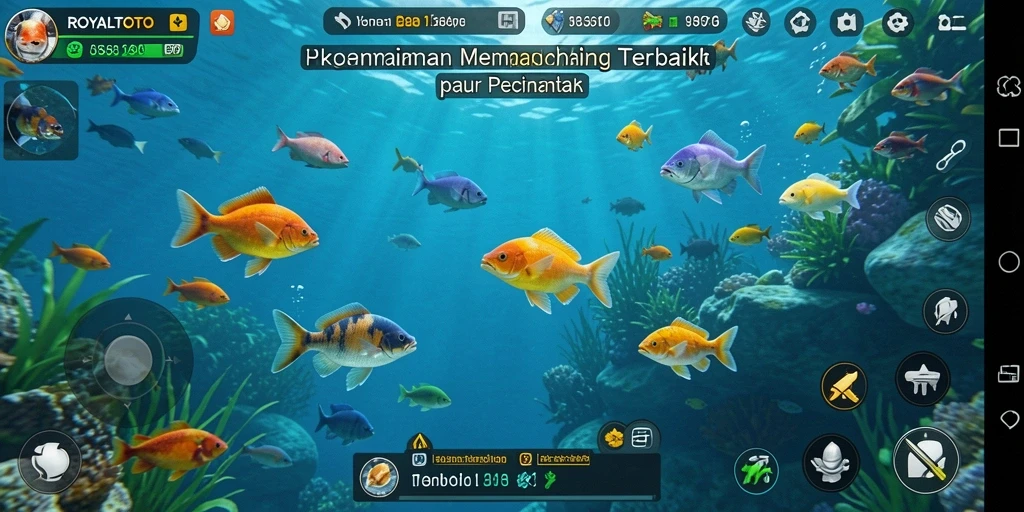 Tampilan gameplay <strong>ROYALTOTO</strong> yang mendebarkan di lokasi memancing yang indah.