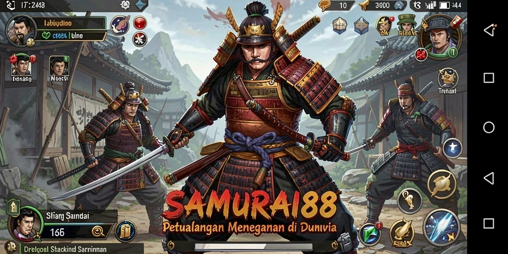 Screenshot gameplay SAMURAI88 menampilkan aksi pertarungan samurai yang mendebarkan.