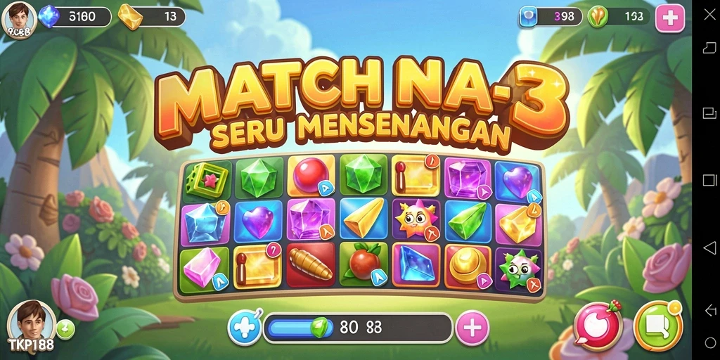 Tangkapan layar utama TKP188 yang menunjukkan aksi gameplay Match-3 yang seru.