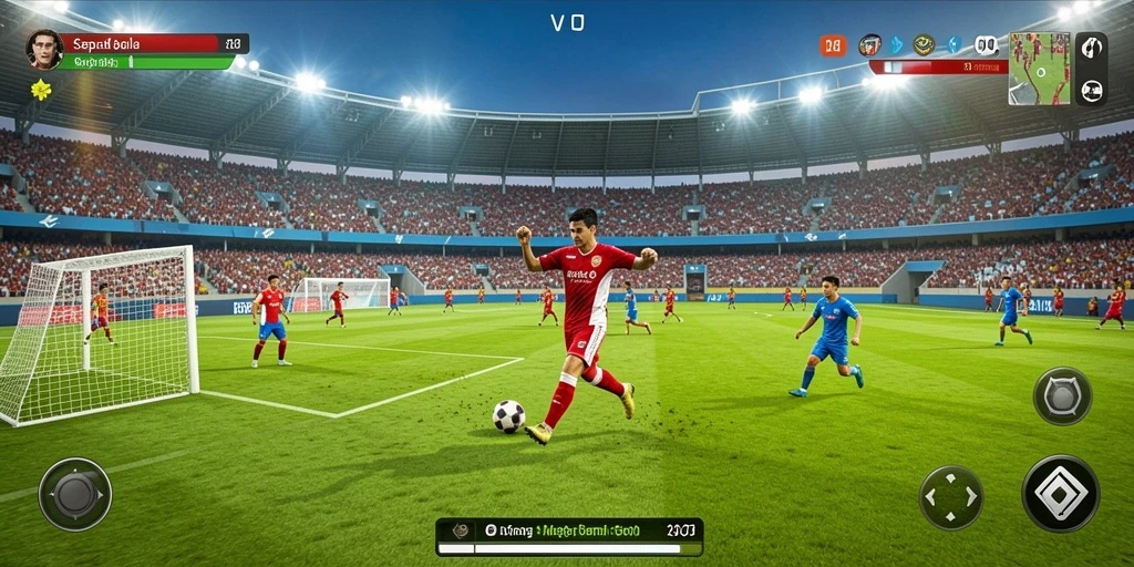 Tangkapan layar utama V07 menampilkan aksi seru dalam permainan sepak bola.