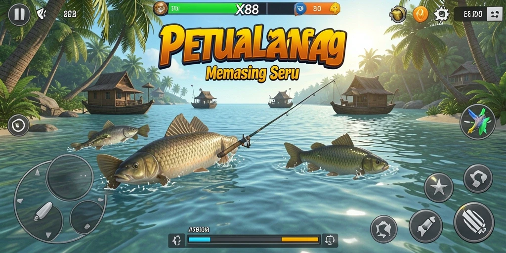 Screenshot X88 menampilkan pemain yang sedang memancing di danau indah.