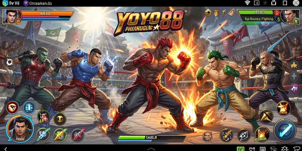 Tampilan gameplay seru di YOYO88 saat karakter bertarung di arena.